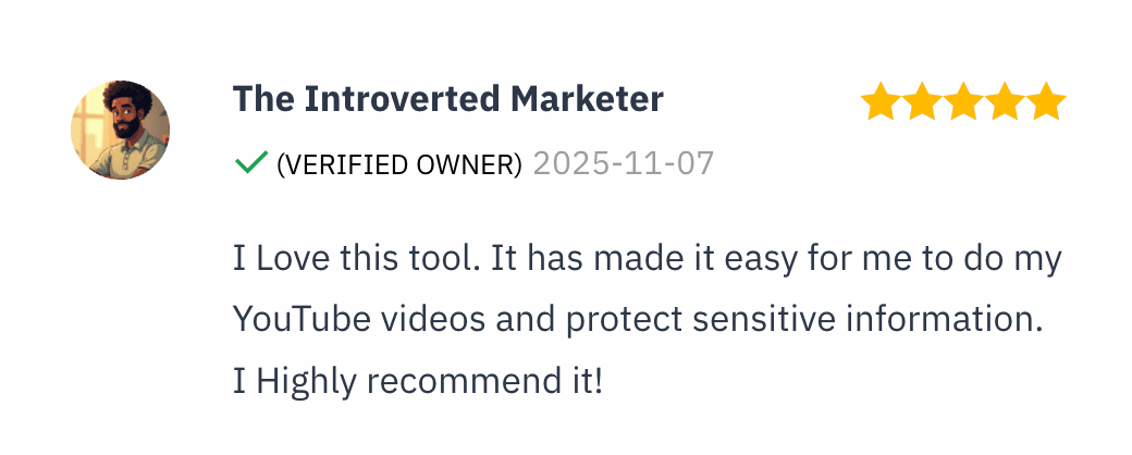 SaasZilla 5 stars verified review from The Introverted Marketer praising Safe Screen Share for hiding sensitive info while recording YouTube videos